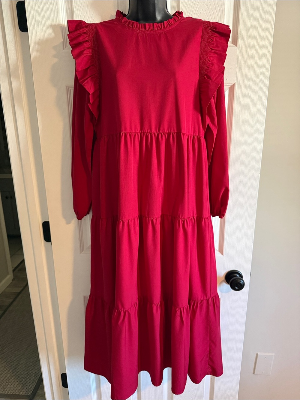 JODIFL Red Ruffle Tiered Midi Dress